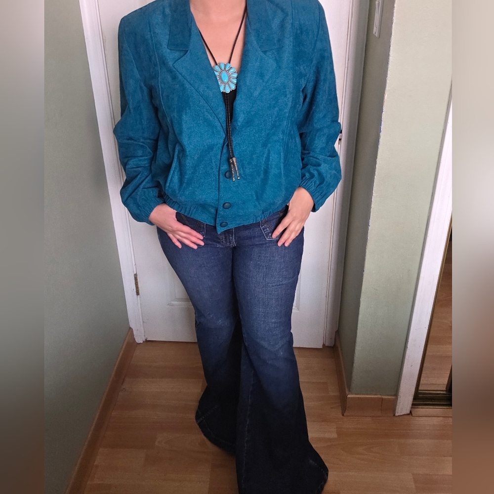 Teal VTG 80s Button Front Jacket With Shoulder Pads Western Boho Retro Size L